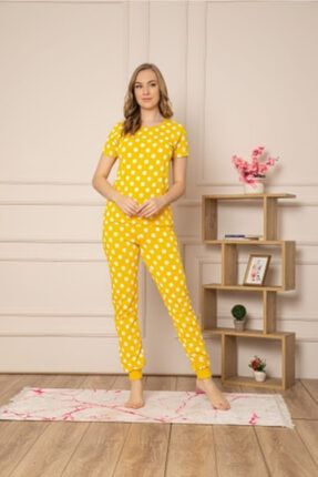 Kadın Sarı Puantiyeli Pijama Takımı 0127