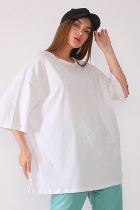 Kadın Beyaz Oversize Basic T-shirt T41