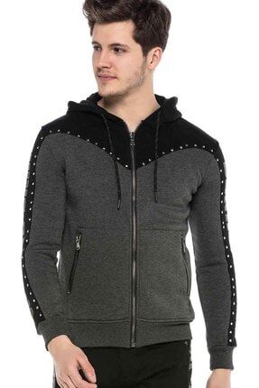 Erkek Gri Metal Droplu Taşlı Kapüşonlu Kışlık Sweatshirt CBJ-CL381|443