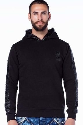 Erkek Siyah Kaplan Baskılı Kapüşonlu Sweatshirt CBJ-CL206-012