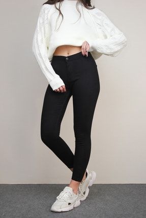 Kadın Siyah Solmayan Yüksel Bel Likralı Toparlayıcı Skinny Jeans Pantalon AMZ-7010