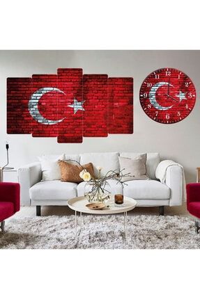 Kırmızı Saat Türk Bayrağı Tuğla Desenli Kombin Tablo ZMDTS002