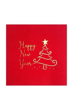 33 X 33 Cm Altın Varak Happy New Year 1 Desenli Kırmızı Renkli Kağıt Peçete SB-4069