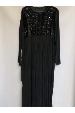 Kadın Siyah Otantik Viskoz Krep Şifon Bürümcük Nakışlı Elbise 557427