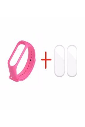 Xiaomi Mi Band 5 Uyumlu Premium Silikon Pembe Kordon Kayış 2 Adet Ekran Koruyucu Set VC-0017