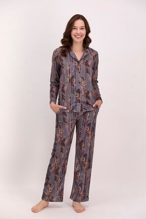 Etnik Desenli Siyah Kadın Gömlek Pijama Takımı PC8110-S