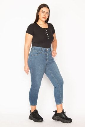 Kadın Lacivert Bel Detaylı Yıkamalı Yüksek Bel Jeans Pantolon 26A29558