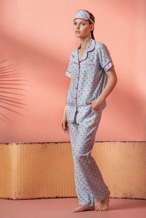 Pijama Kadın Mavi Dokuma Kumaş Önden Düğmeli Kısa Kol 7474