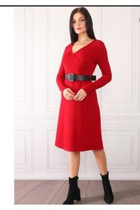 Kadın Kırmızı Kemer Detaylı Kruvaze Yaka Midi Boy Şık Elbise Nkt-btg-1265 NKT-BTG-1265