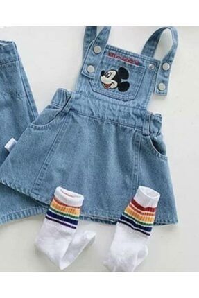 Kız Çocuk Mavi Kot Salopet Tişört ve Çorap 7896