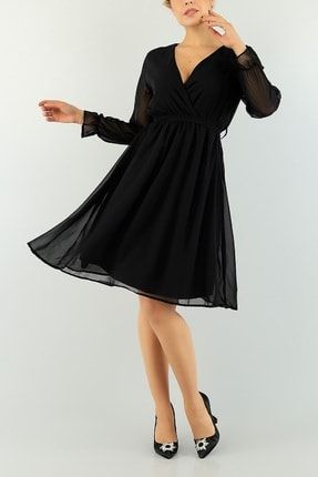 Siyah Kruvaze Yaka Şifon Mezuniyet Elbisesi App01 50001 AKS-APP01