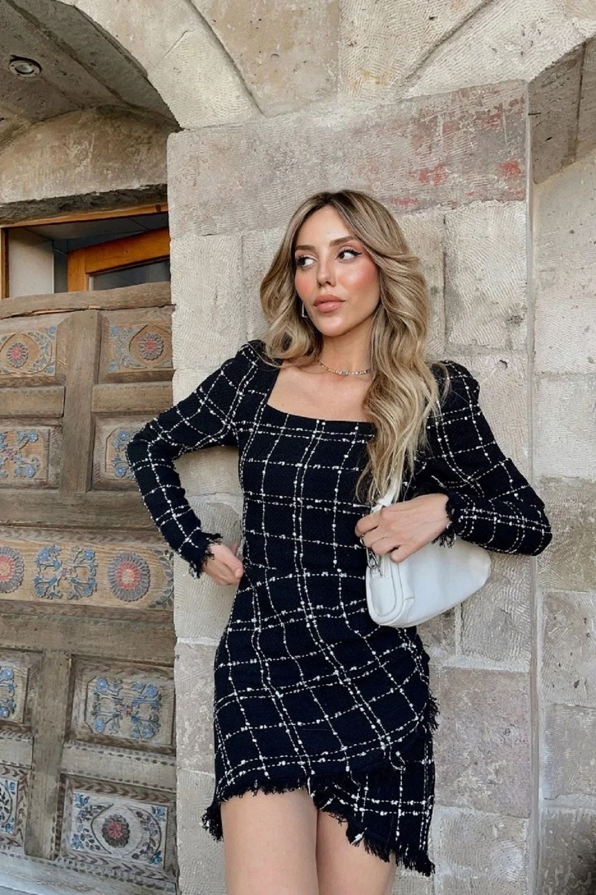 bayansepeti Plaid Pattern Cotton Tweed Fabric Long Sleeve Square
