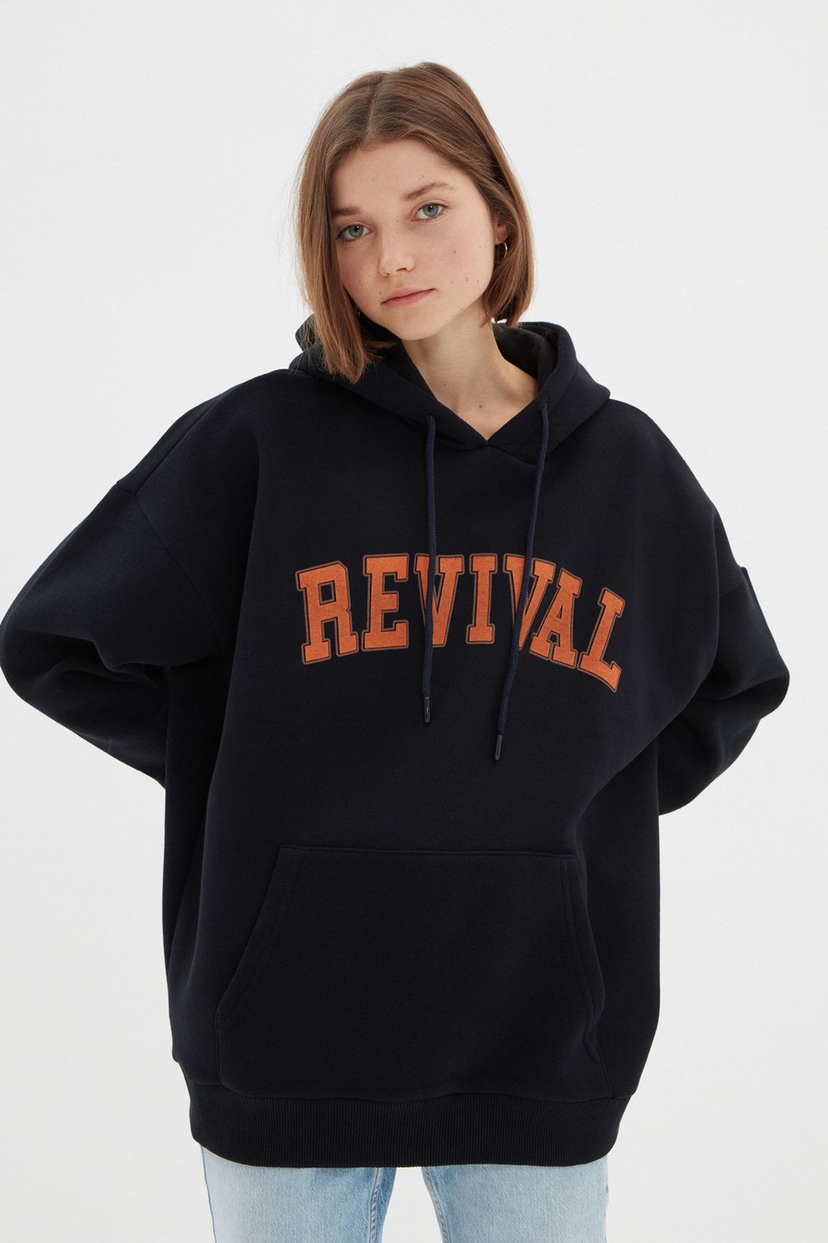  TRENDYOL MAN Lacivert Oversize/Geni? Kesim Kapü?onlu ?çi Polar/S?cak Tutan Pamuk Unisex Sweatshirt