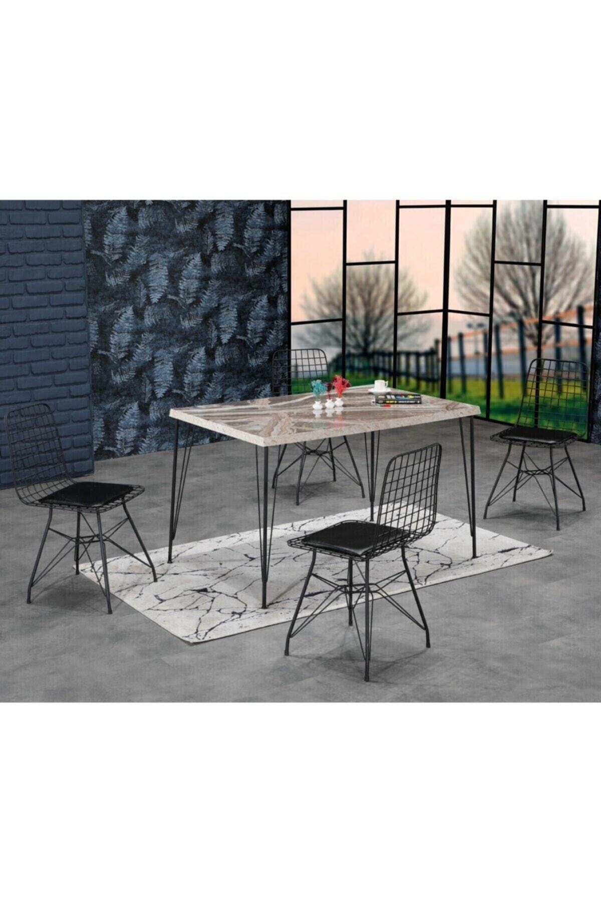 Ressa Home Eslina 4 Kişilik Bendir Mermer Görünümlü Metal Mutfak Masası Takımı Siyah Tel Sandalyeli 80x120 cm