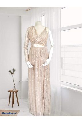 Kadın Gold Kemer Detaylı Pullu Şifon Elbise 300400500012