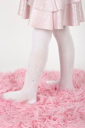 Kız Çocuk Kalp Desen Kristal Taş Baskılı Beyaz Renk Pamuklu Okul Külotlu Çorap 1 Adet M0C0302-1136