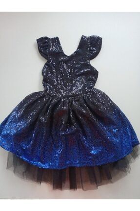 Kız Çocuk Mavi/siyah Iki Renkli Pul Payetli Doğumgünü Elbisesi Bsdnys009