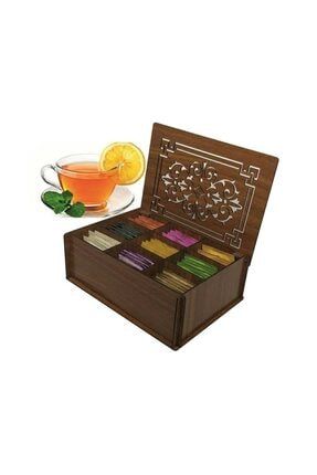 Ahşap (CEVİZ RENKLİ) Bitki Çayı Saklama Kutusu-9 Bölmeli - Kapaklı - Tea Box (45 ADET ÇAY DAHİL) BK-1041