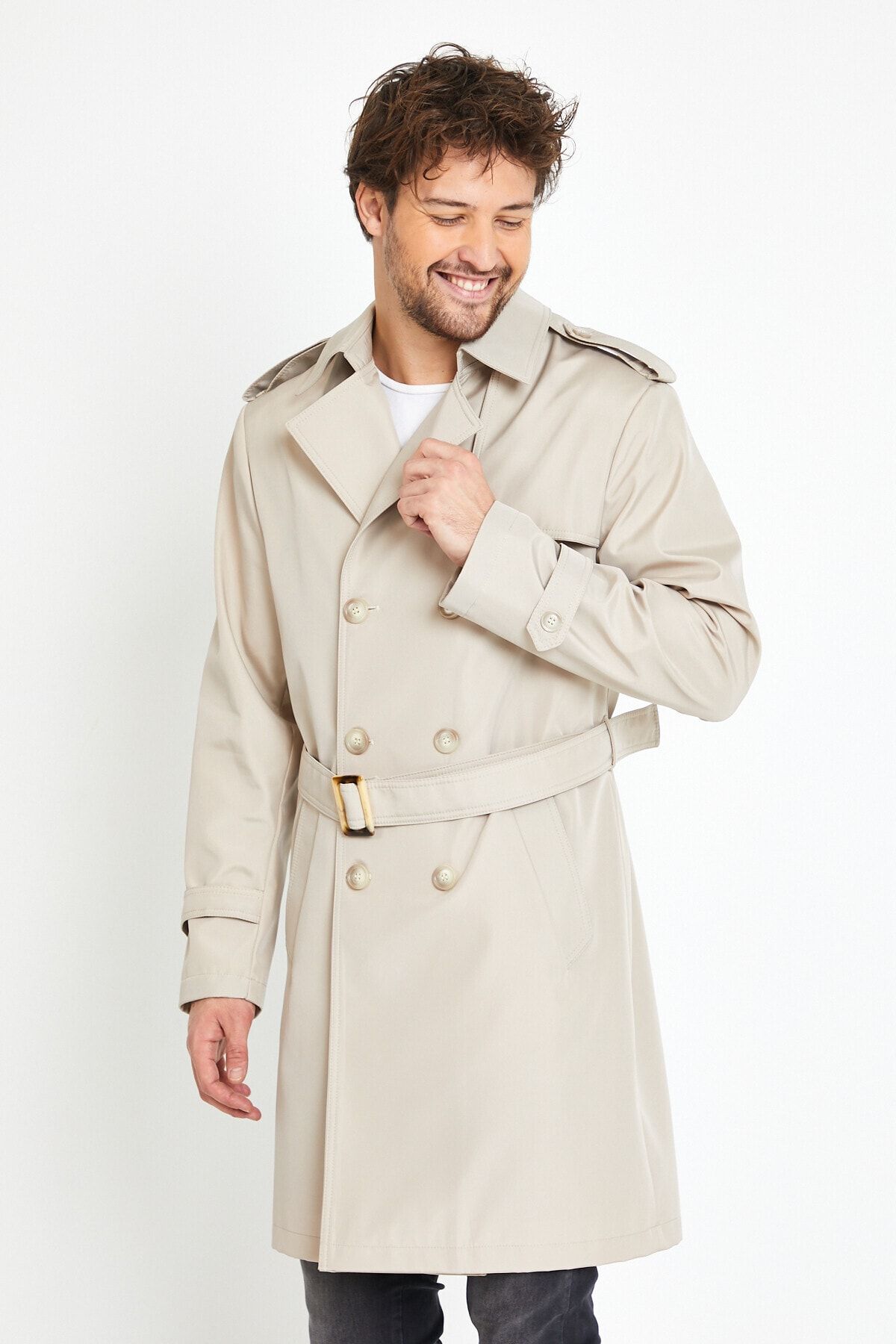 Bigart Plaid Lining Detailed Men s Trench Coat Overcoat Bone