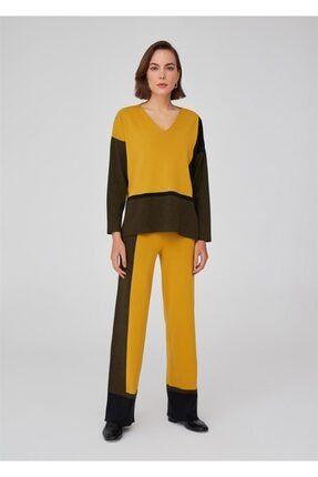 Renk Bloklu Boru Paça Kadın Triko Pantolon Çok Renkli 12317001