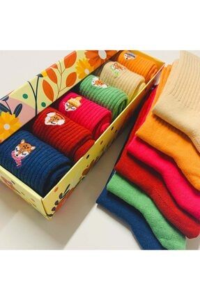 6'lı Tilki Nakışlı Renkli Desenli Çorap Kutusu ss00093