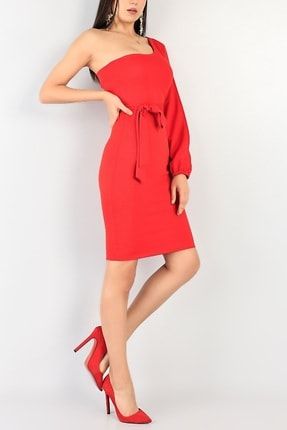 Kadın Kırmızı Kuşaklı Tek Kol Şık Tasarım Yeni Sezon Abiye Elbise 84848 NKT-EMR-581880
