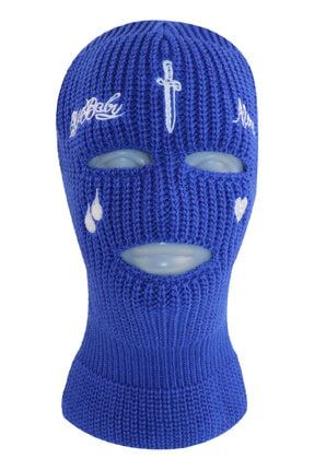 Saks Mavisi Kılıç Nakışlı 3 Gözlü Unisex Kar Maskesi Zİ-3081