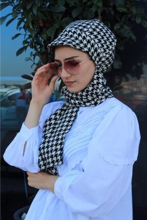 Kaşe Atkılı Şapka Bone Siyah Beyaz Desenli - Özel Tasarım- Yeni Model Tesettür Giyim AKERS0210173