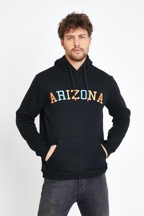 Erkek Arizona Nakışlı Kapüşonlu 3 Iplik Sweatshirt Siyah 217PLST