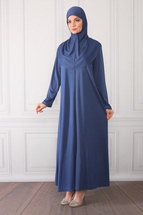 Fermuarlı Başörtülü Pratik Giyimli Namaz Elbisesi Indigo-Mavi 1001