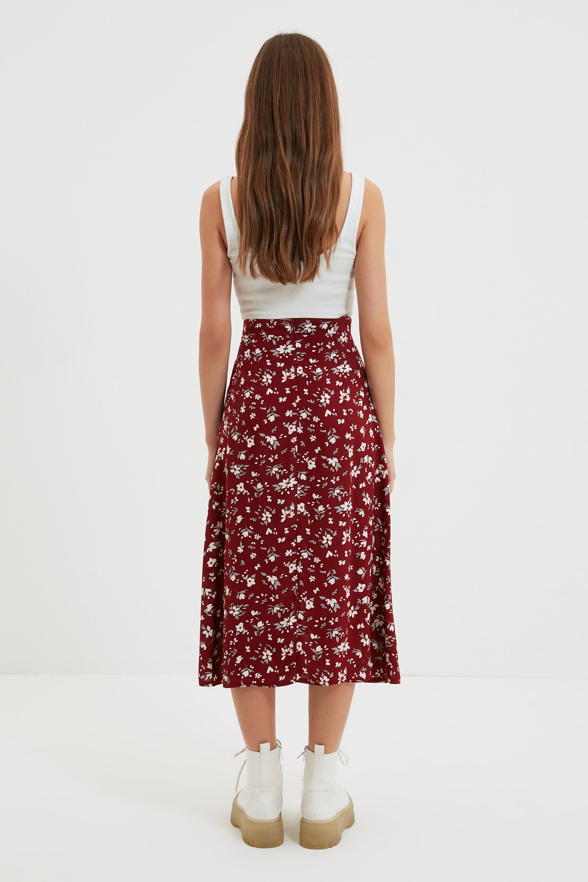 Trendyolmilla  Bordo Yırtmaç Detaylı Çiçek Desenli Viskon Kumaşlı Midi Dokuma Etek TWOSS20ET0230 - Görsel 12