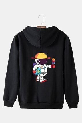 Unisex Siyah Kapüşonlu Arkası Astronot Baskılı Slim Fit Kanguru Cepli Sweatshirt VAVN20Y-5200322-27