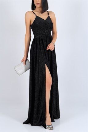 Işıltılı Kumaş Göğüs Dekolteli Yırtmaç Detaylı Uzun Siyah Abiye Elbise MTA-EMR-022-E