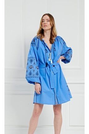 Kadın Mavi Nakışlı Kısa Elbise LF1082