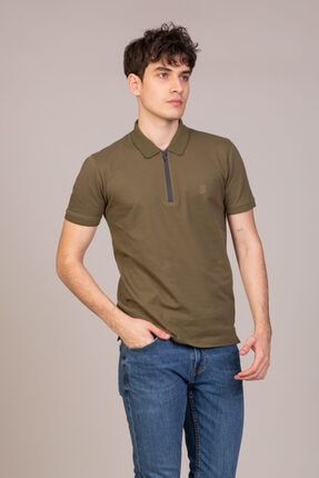 Haki Kontrast Renk Fermuar Detaylı Polo Yaka Kısa Kollu T-shirt BS-PE0105