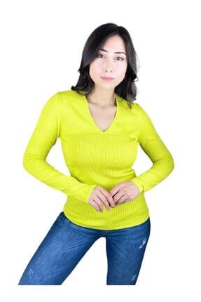 Kadın Şık Neon Sarı V Yaka Triko Bluz YGMR12