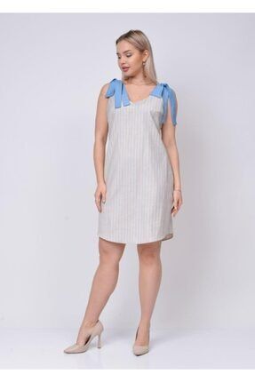 Kadın Kırık Beyaz Ceten Kumaş Çizgili Mavi Fiyon Askılı Elbise ELB00000000150