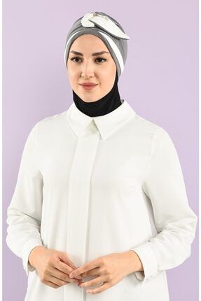 Kadın Tek Taşlı Yaprak Detaylı Bone Koyu Gri Günlük Tesettür Giyim Başörtüsü Hazır Türban YP1