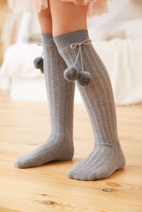 Kız Çocuk Gri Diz Üstü Ponpon Çorap B1015