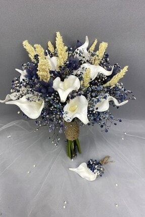 Islak Gala Mavi Cipsolu Gelin Buketi Ve Damat Yaka Çiçeği TXCB57F6A914561