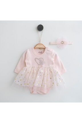 Yeni Doğan Kız Kalp Taş Baskılı Somon Badi Elbise Set MML-2216