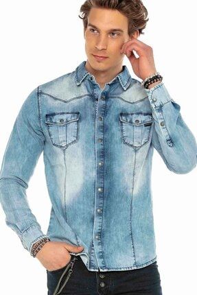 Erkek Açık Mavi Denim Yıkamalı Cepli Jeans Gömlek CBJ-CH165|267