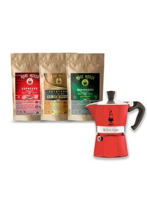 Bıalettı Moka Pot Express Tz Rossa 3 Cup + 100 Gr X 3 Paket Espresso Kahve Hediye MOKA POT EXPRESS TZ ROSSA 3 CUP