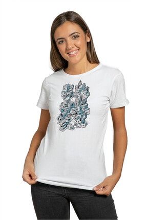 Mimari Tasarımlı Baskılı Beyaz Kadın Tshirt T-shirt Tişört T Shirt T3063