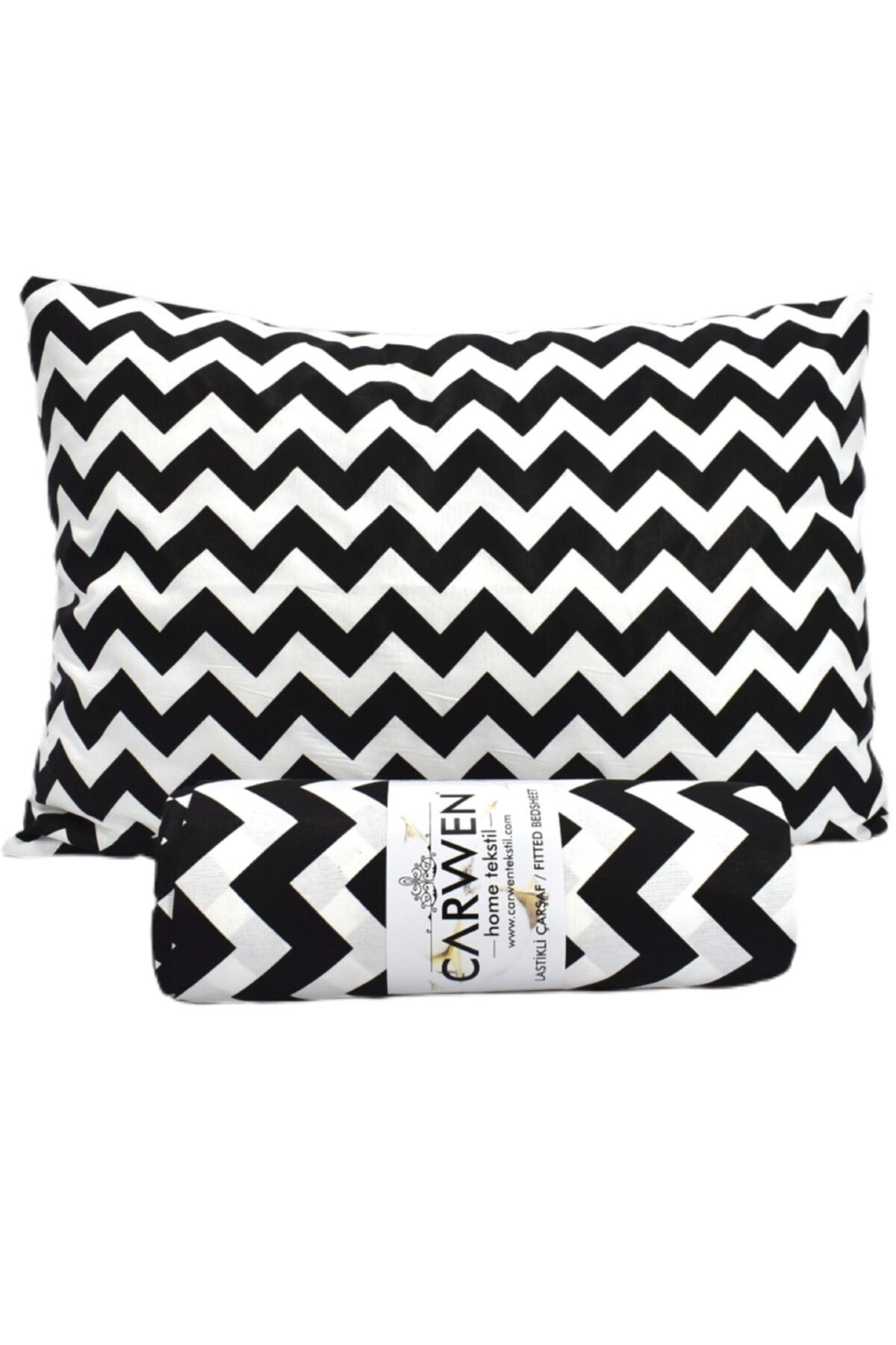 CARWEN TEKSTİL-Black Zigzag Single Ranforce Cotton Fabric Elastic Sheet Set 1