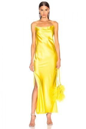 Kadın Sarı Degaje Yaka Spagetti Askılı Yandan Yırtmaçlı İpek Saten Elbise 4574267