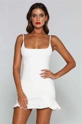 Tknfashion Beyaz Esnek Dalgıç Kumaş Askılı Göğüs Dekolteli Mini Elbise 501 TKN-501