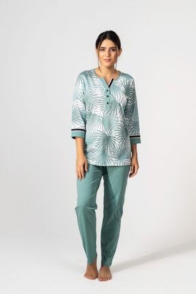 Kadın Yeşil Yaprak Desenli Pamuk Kumaş Pijama Takımı 70413