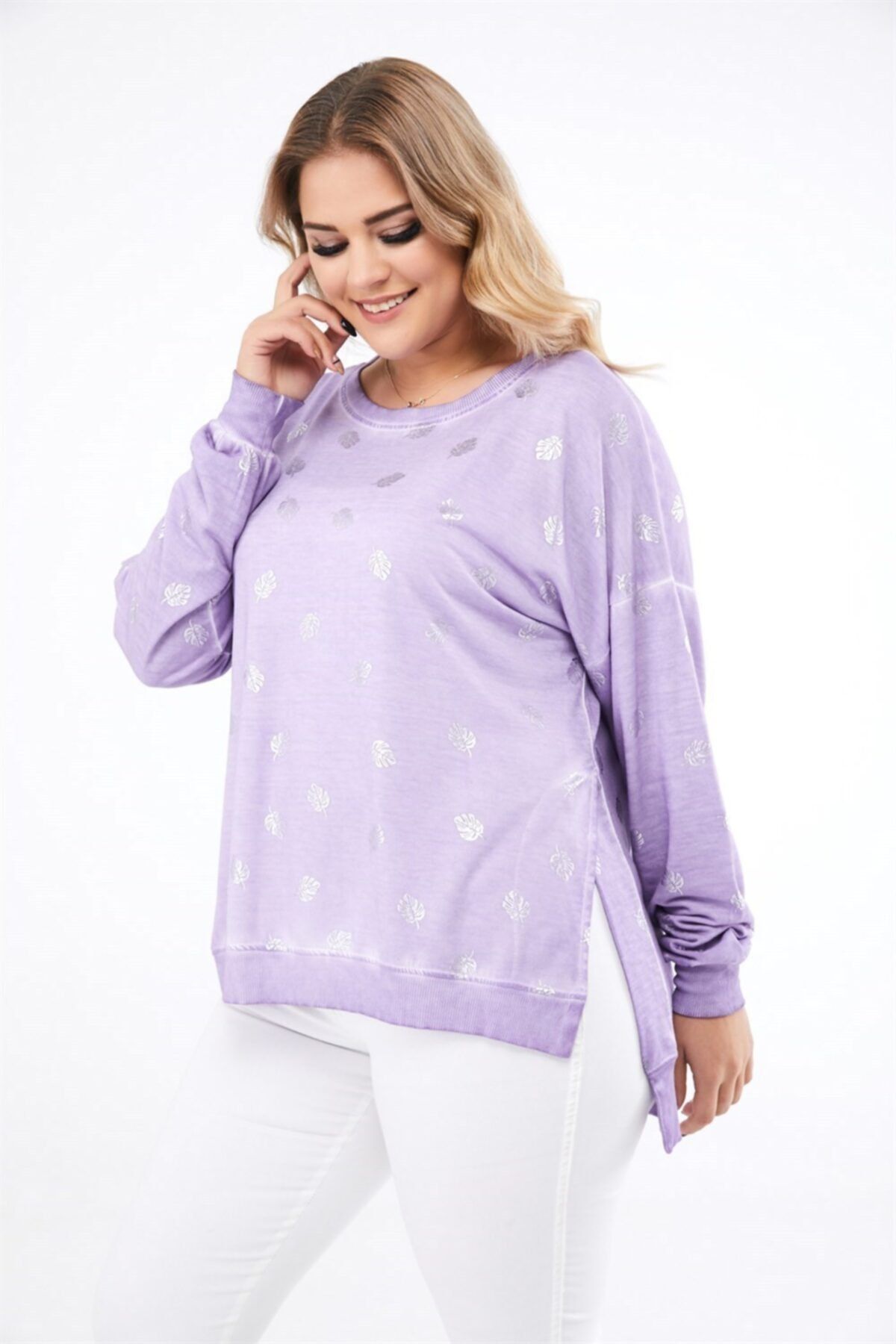 Seamoda Women s Lilac Leaf Print Sweatshirt with Slits on the