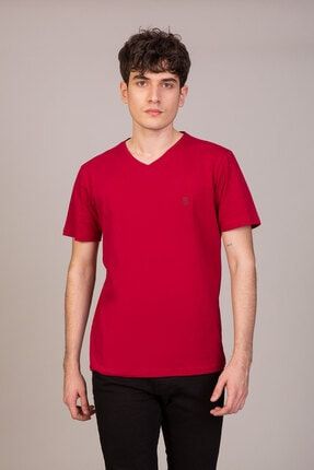Bordo V Yaka Kısa Kollu Basic T-shirt BS-TE0102